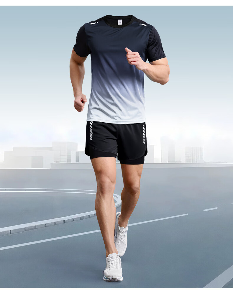 BURUITE Men's Running Sports Set Fitness Ice Silk Marathon Training Badminton Quick-Dry Summer Short Sleeve T-Shirt and Shorts 13