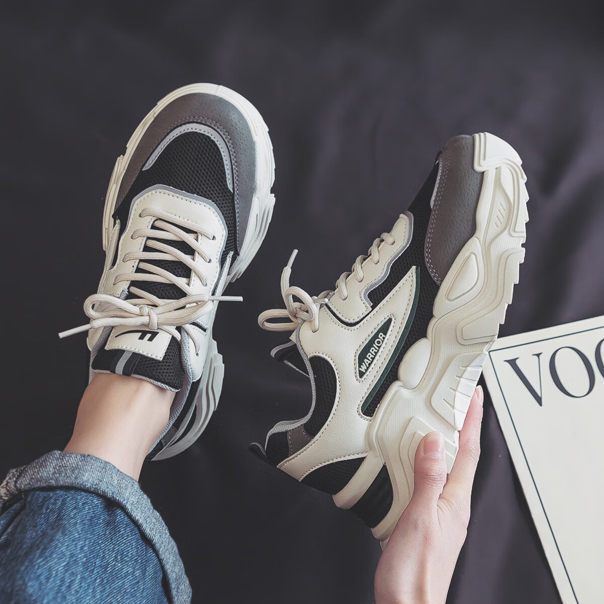 Warrior Women's Dad Sneakers Thick Sole Height Increasing Spring Summer Casual Sports Shoes Upgraded Version Beige Black Size 36