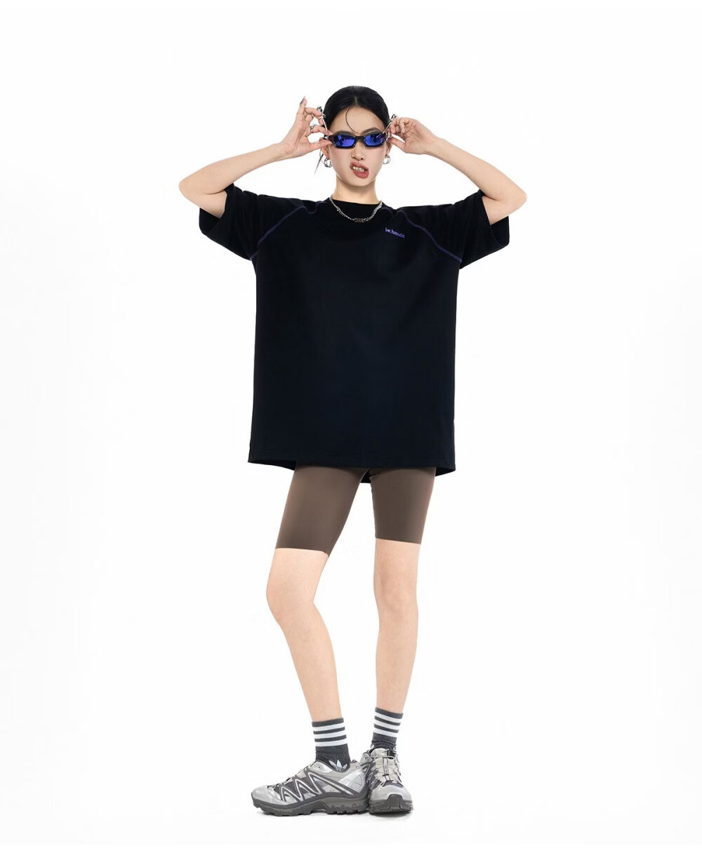 ICH MODE Hasselblad Line Round Neck Short Sleeve T-Shirt Women Summer New Outdoor Sports Half Sleeve Five-Point Sleeve Top Black M 15