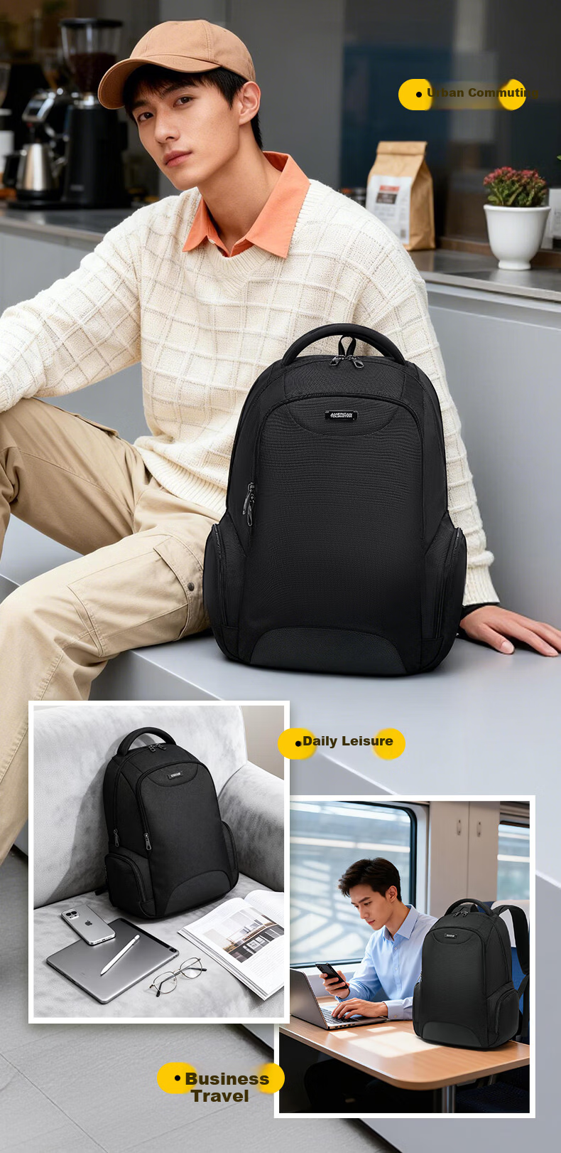 AMERICAN TOURISTER 26L Large Capacity Backpack Laptop Bag Men Commuter Business Travel Durable Water-Resistant Double Compartment Design 2
