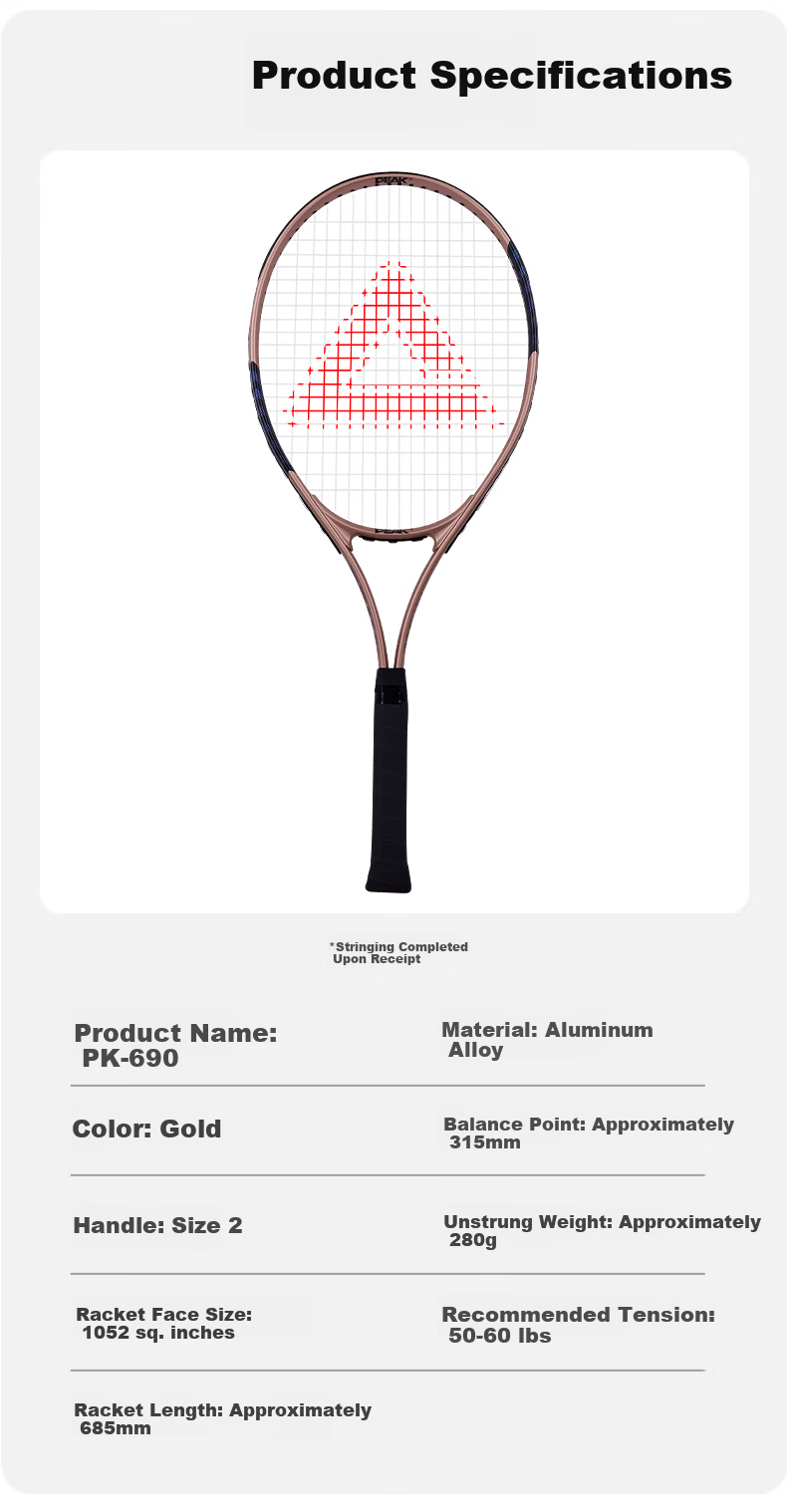 PEAK PK-690 Tennis Racket Set for Adults, Men, Women, and Students Beginner Single Racket Gold 6