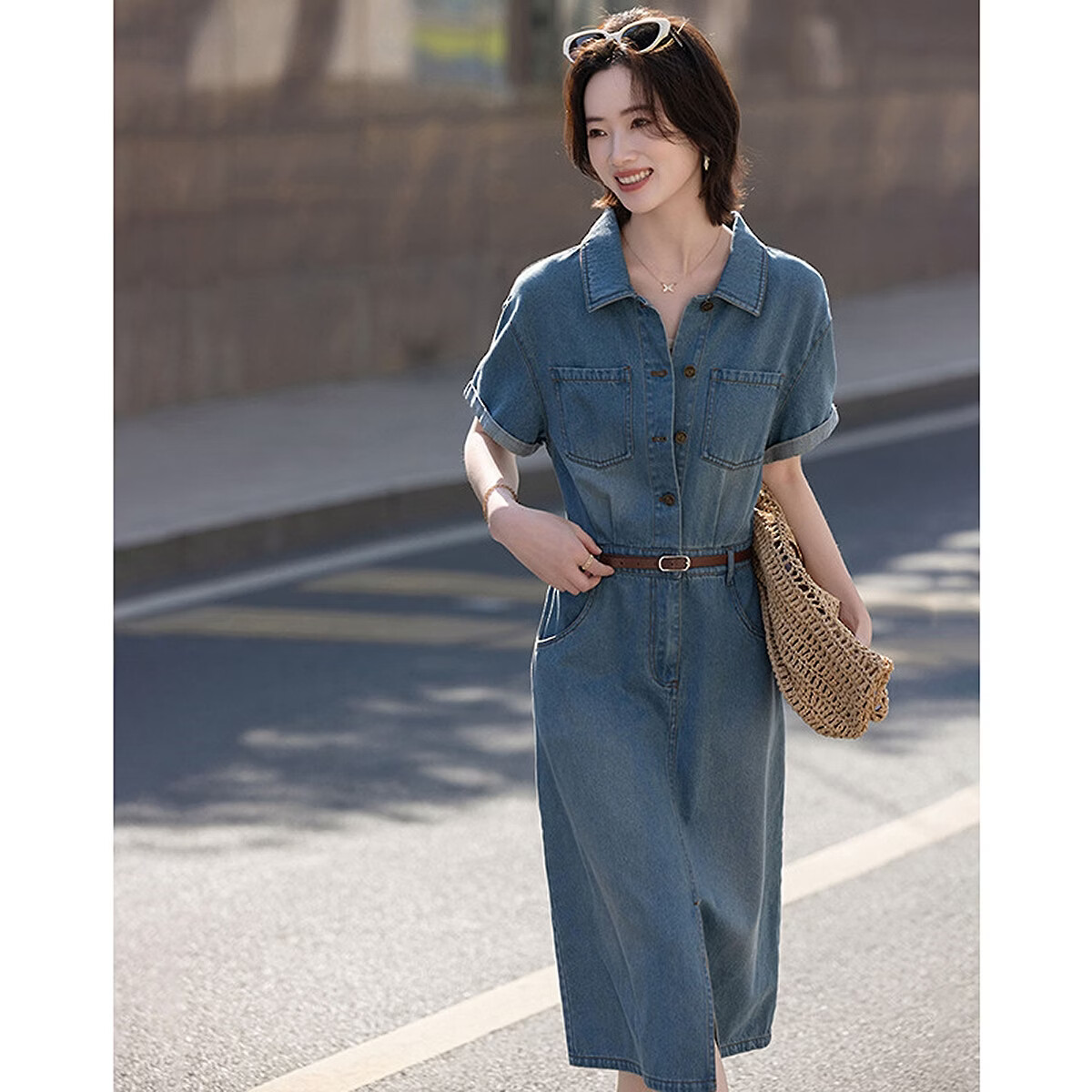 Demana Denim Cloud Oxygen Cotton Summer Simple Style Back Waist Elastic Pocket Folded Sleeve Slim Dress for Women Premium Feel