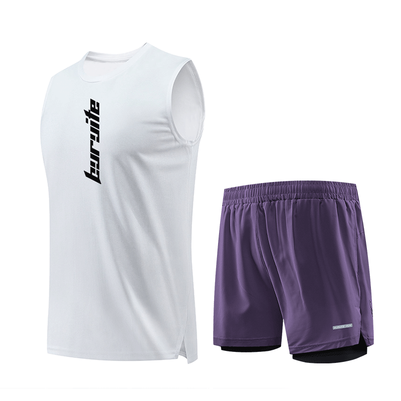BURUITE Men's Running Sports Set Ice Silk Vest T-Shirt Quick-Dry Loose Marathon Track and Field Training Fitness Shorts