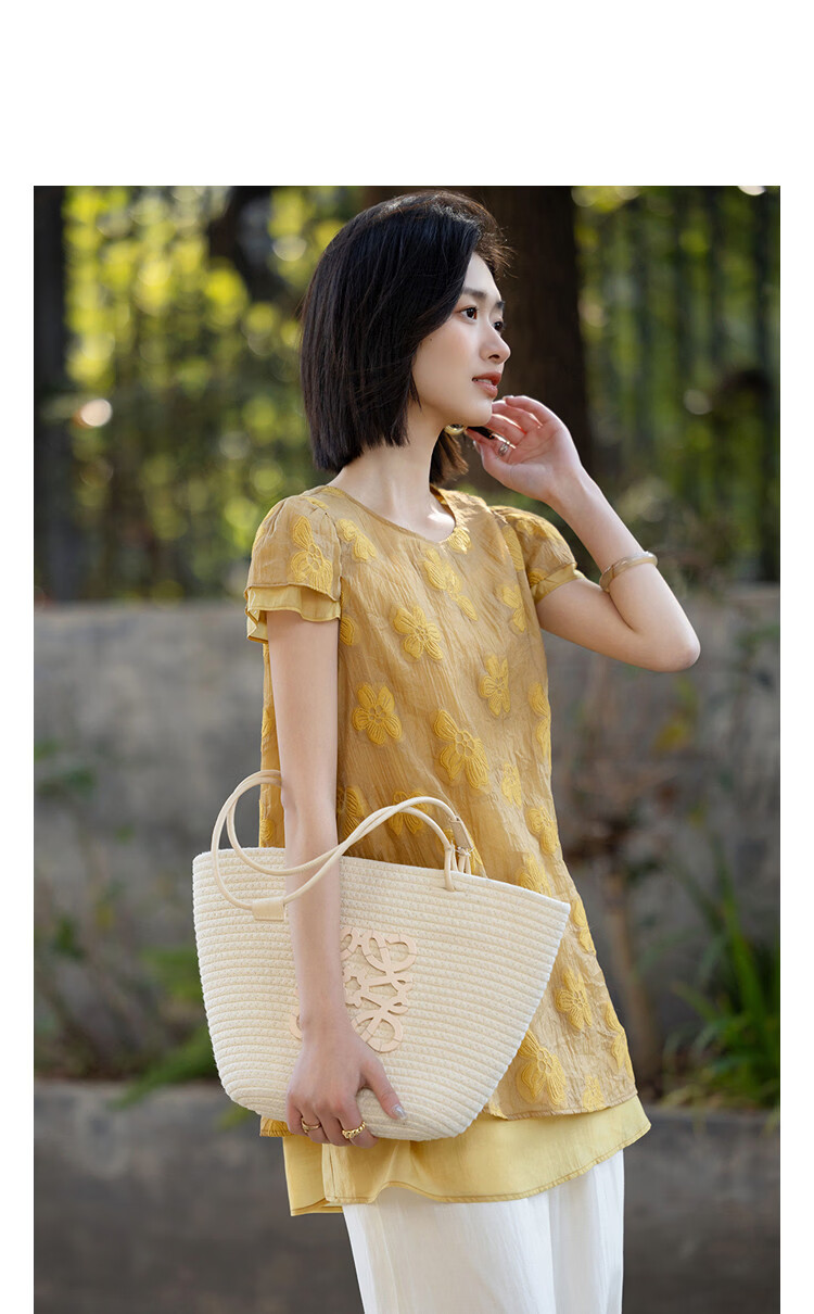 Demana [Lyocell] Summer Elegant Urban Style Round Neck Embroidered Cap Sleeve Patchwork Loose Slim Shirt for Women Premium Feel 14