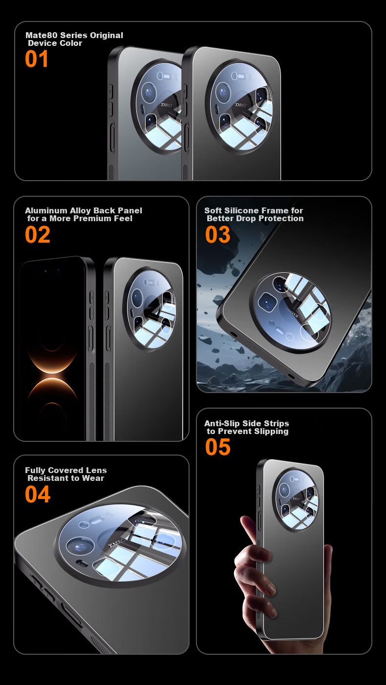 Hongzhuo Metal Backplate Cooling Case for Huawei Mate80 Pro, Full Coverage Shockproof Matte Silicone Soft Edge Hard Shell, Silver Gray 6