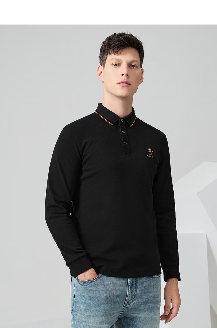 DANCING WOLVES Fleece-Lined Autumn Winter Basic Commuter Skin-Friendly Warm Men's Long Sleeve Polo Shirt 001 Black 175 13