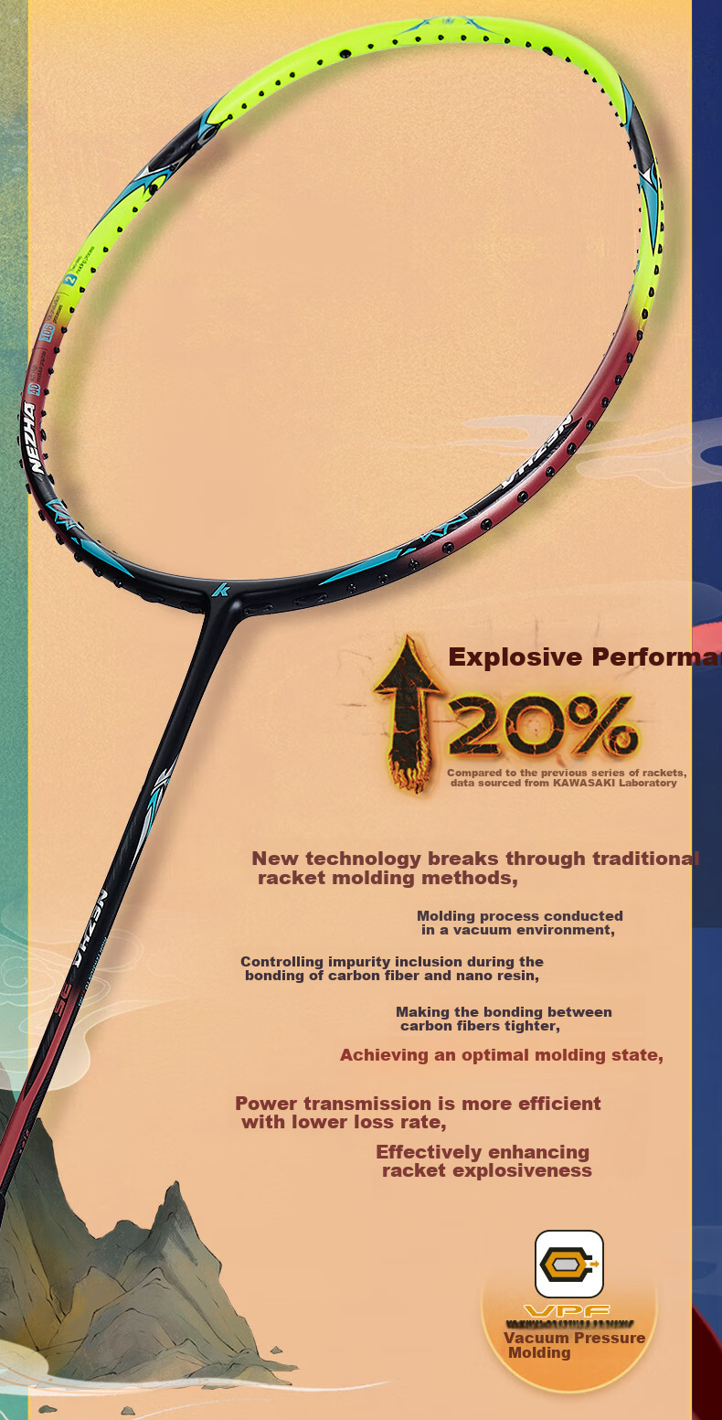 KAWASAKI NEZHA35 Full Carbon Ultra-Lightweight Badminton Racket Purple Orange (Pre-Strung with Grip) 3