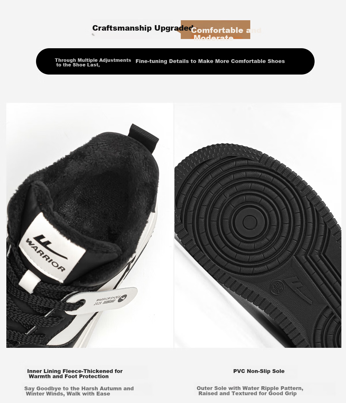 Warrior Women's Winter Fleece-Lined High-Top Sneakers Thick Sole Height Increasing Fashion Sports Casual Shoes White Black Size 39 11