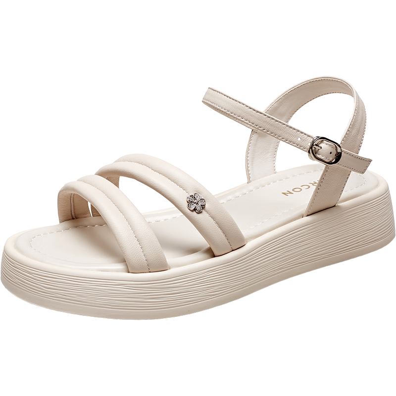 Eierkang Women's Leather Shoes Casual Flat Mom Wedge Soft Sole Single Strap Sandals 27589W Off-White Size 36