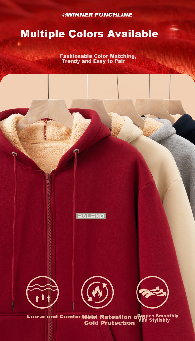 Baleno Men's Winter 2025 Fleece-Lined Thickened Lamb Wool Hoodie Jacket Warm Zip-Up Sweatshirt 7