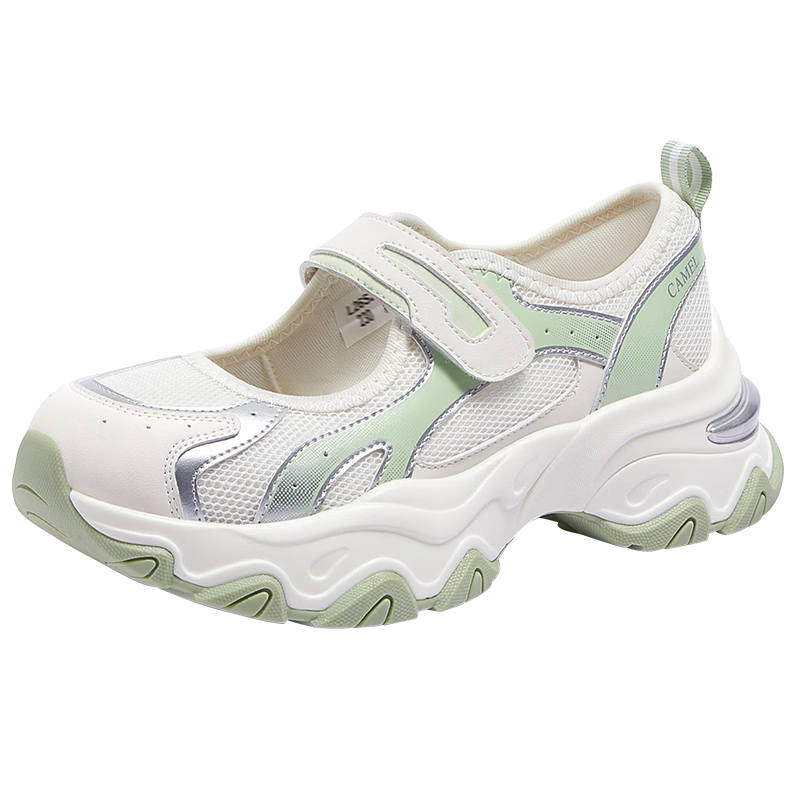 CAMEL Women's Dad Sneakers Mary Jane Height Increasing Hollow Breathable Velcro Sports Shoes L26S283159 Beige/Green Size 36