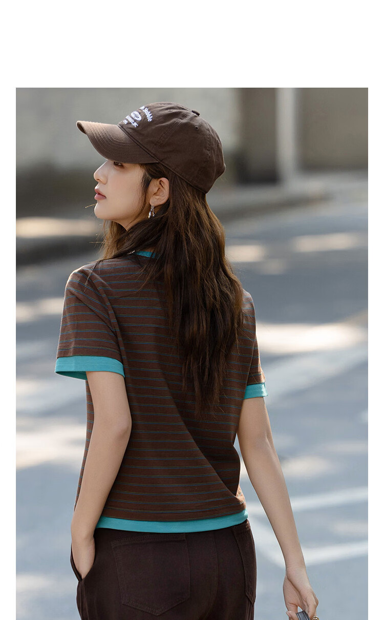 Demana [Gentle Pure Cotton] Summer Retro Stripe Color-Block Applique Slim Fit Petite T-Shirt for Women Premium Quality 13