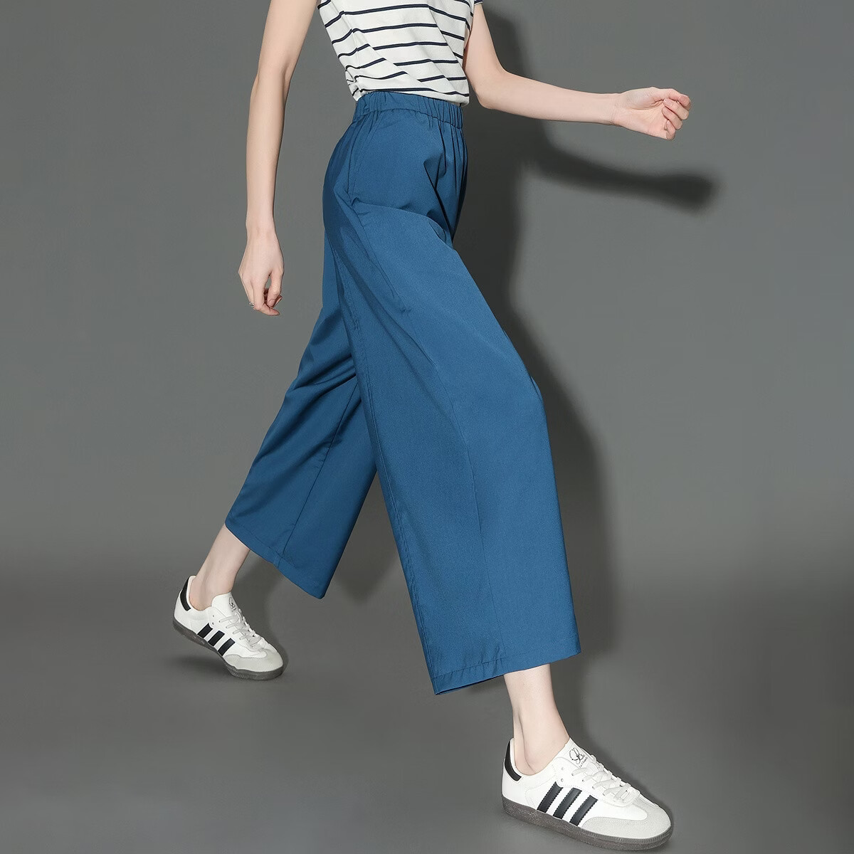 Demana Summer Cropped Pants Elastic Waist Pleated Loose Slim Wide-Leg Casual Pants for Women