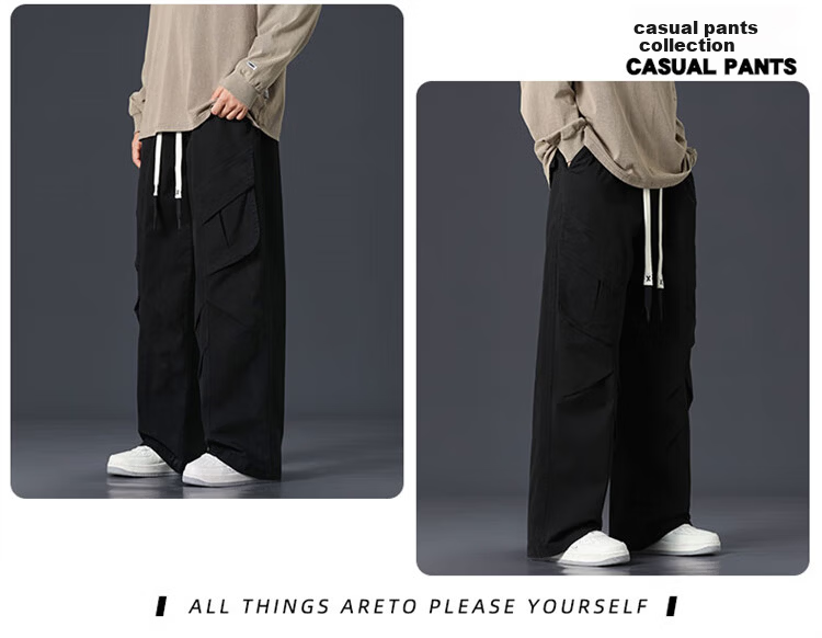 I'M DAVID Men's Khaki American Casual Work Pants Spring Autumn Straight Loose Wide-Leg Long Pants Black XL 9