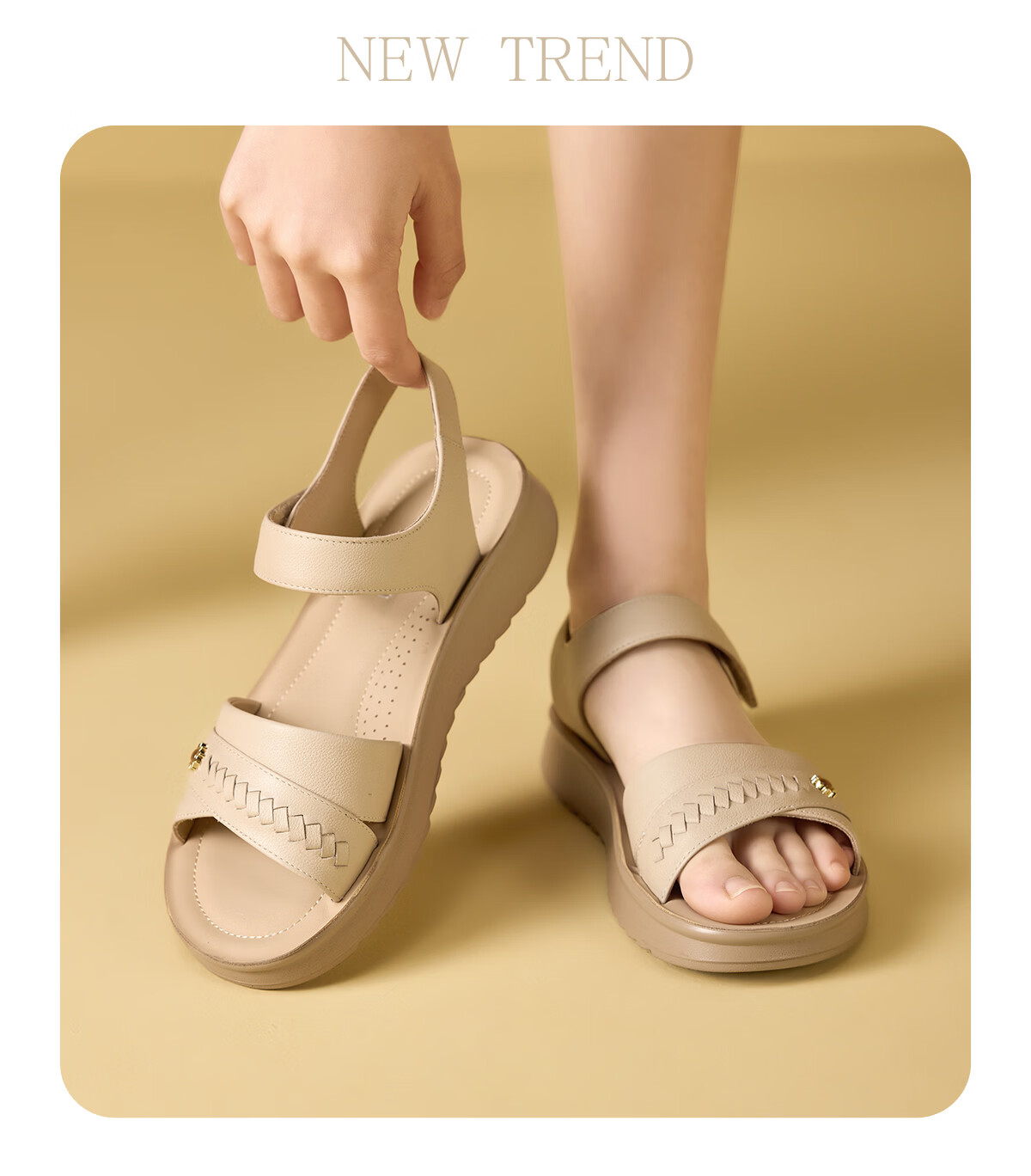 Eierkang Women's Genuine Leather Soft Sole Magic Tape Comfortable Wedge Sandals for Middle-aged and Elderly Moms 18061W Off-white Size 40 5