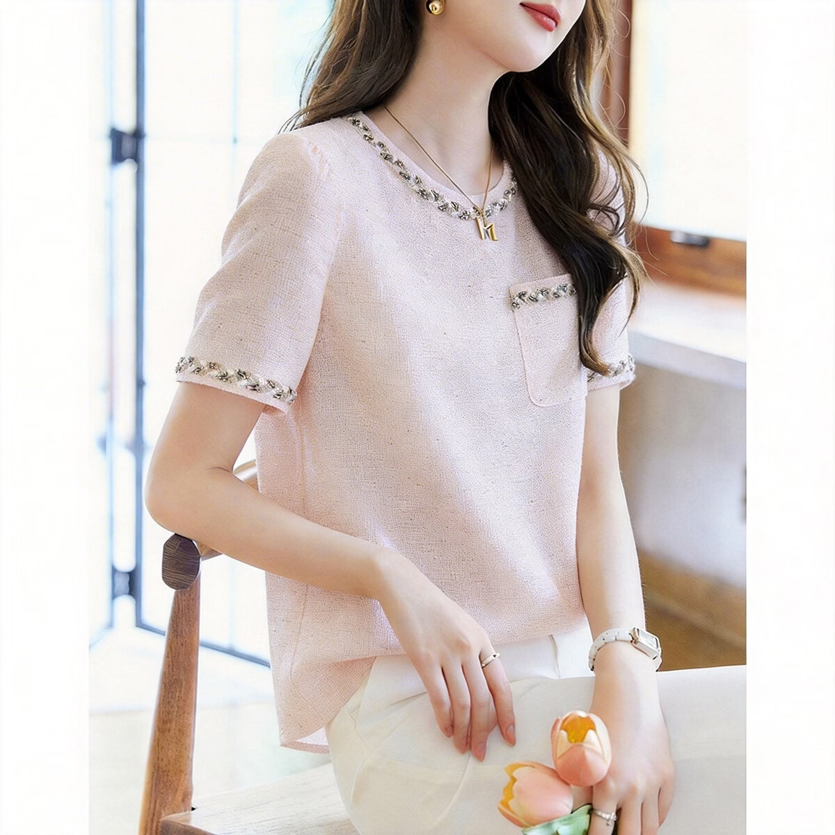 Demana [French Heiress] Summer Little Coco Style Ribbon Round Neck Short Sleeve Loose Slim Fit Petite Shirt for Women High-End Feel