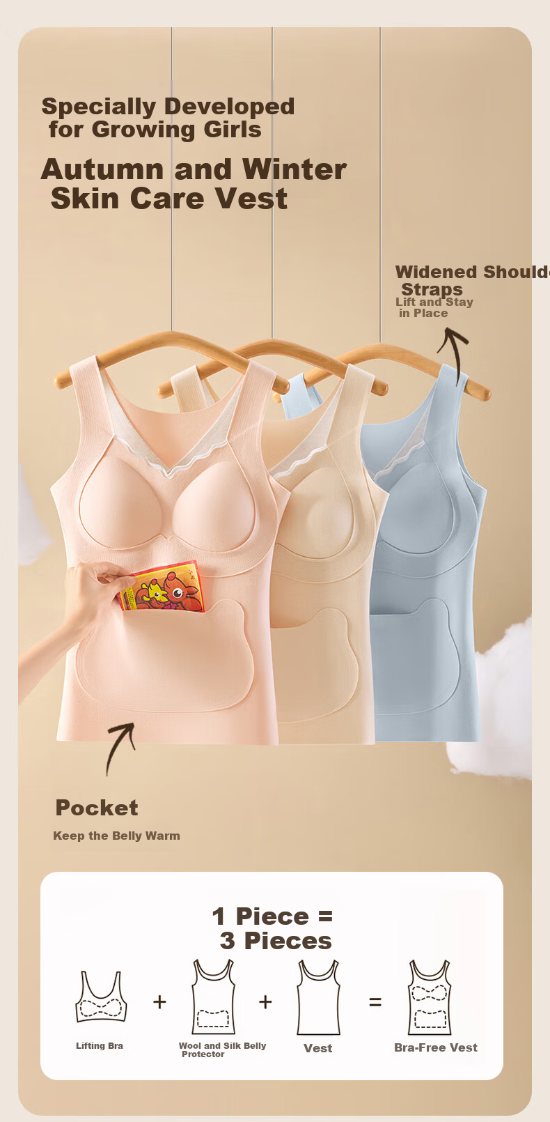 Tingmei Thermal Vest with Chest Pad for Adolescent Girls Wool and Silk Autumn Winter Blue L 2