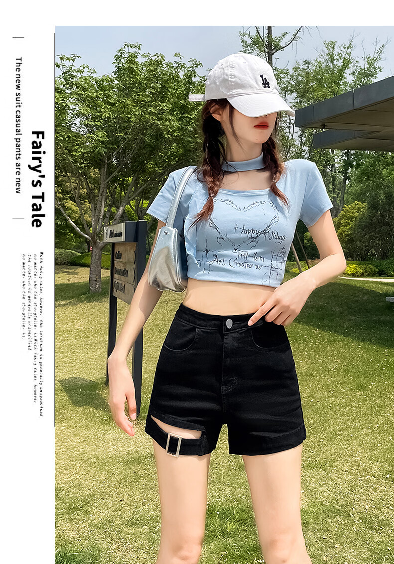Jeanswest Women's Denim Shorts 2026 Spring Summer High Waist A-Line Slim Functional Style Hot Pants Black M 13