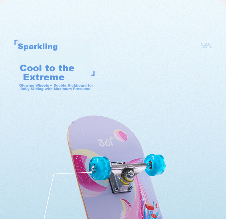 361° Kids Double Kick Skateboard Beginner Boys Girls Youth 6-12 Years Professional Street Skateboard Blue Flashing Wheels 6