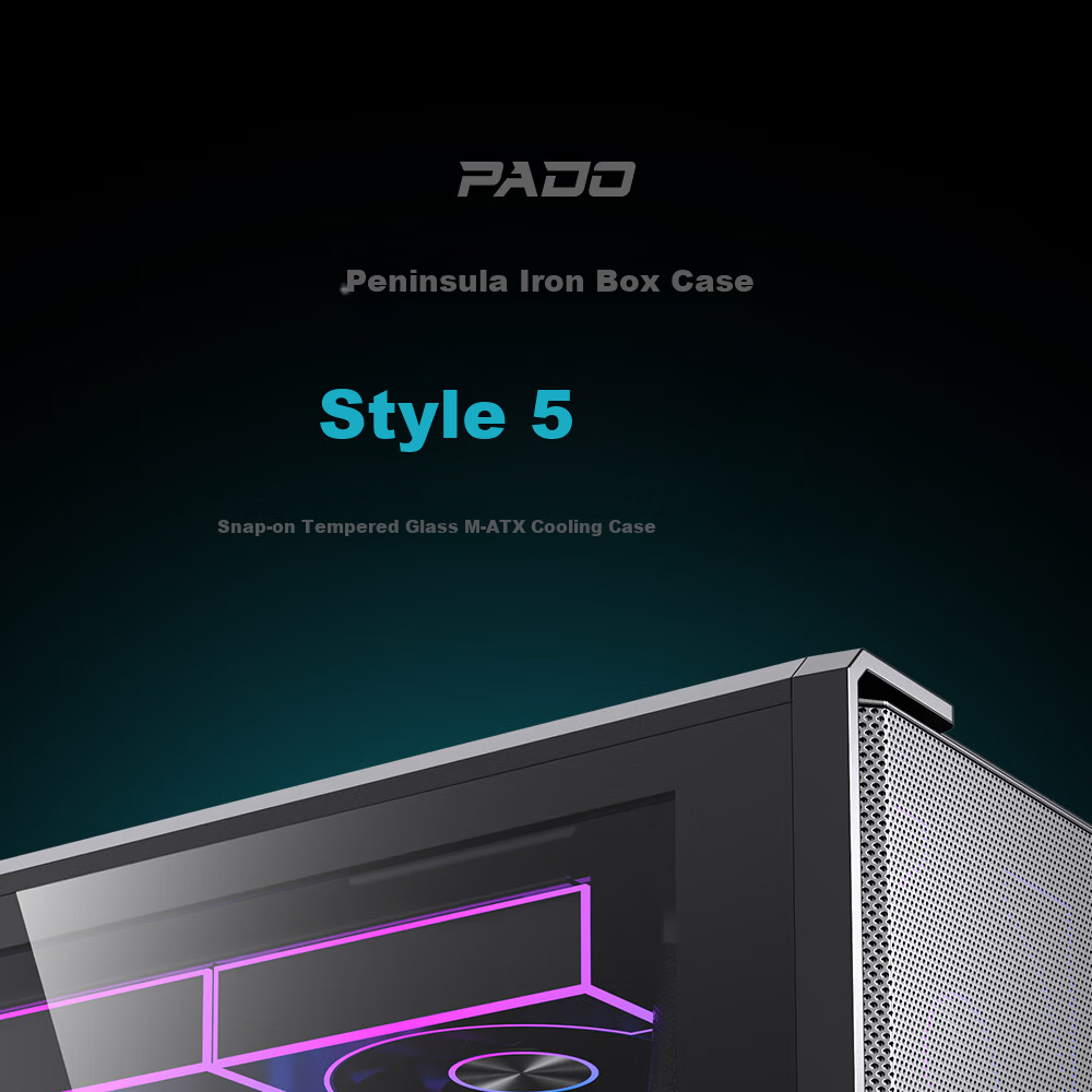PADO Fengdu 5 Black Desktop Computer Case Supports M-ATX Motherboard with Type-C Front Panel Iron Mesh Sliding Glass Design 8 Fan Slots 1