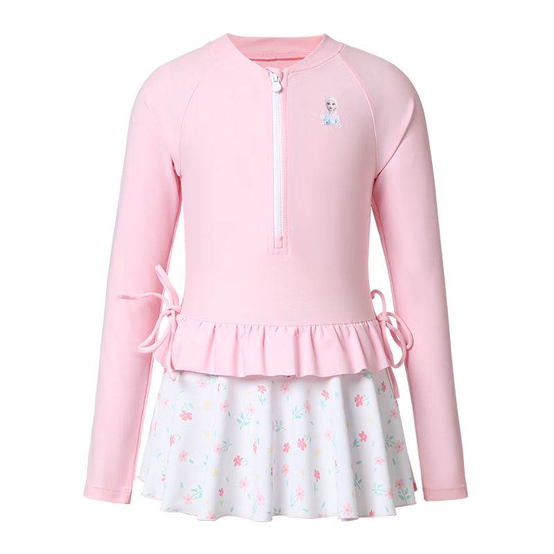 Disney Girls' One-Piece Skirted Long-Sleeve Sunscreen Swimsuit D36101S2F Pink Elsa Size 130