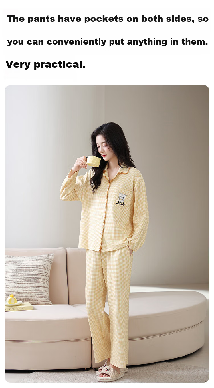 Miiow Couple Pajamas Women 100% Cotton Japanese Style Plaid Long Sleeve Casual Cartoon Homewear Cheese Yellow L 12