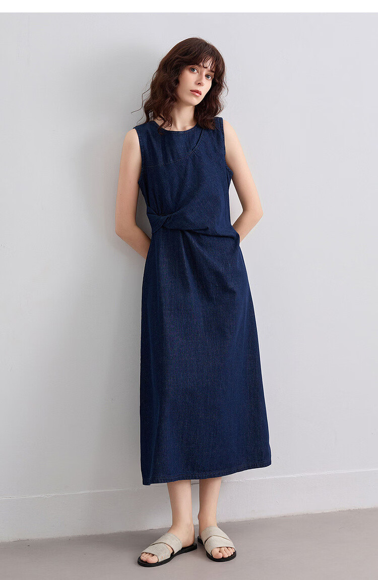 Demana [Denim Filter] Summer Vintage Round Neck Sleeveless Pleated Waist Slimming Mid-Length Denim Dress for Women 16