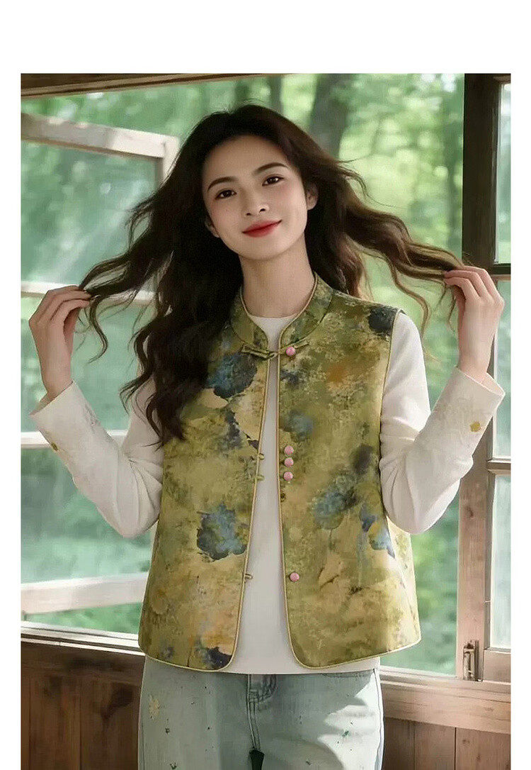 Demana [Sulaicha Color] Spring National Style New Chinese Gradient Print Stand Collar Frog Button Sleeveless Vest Jacket Women Short 3