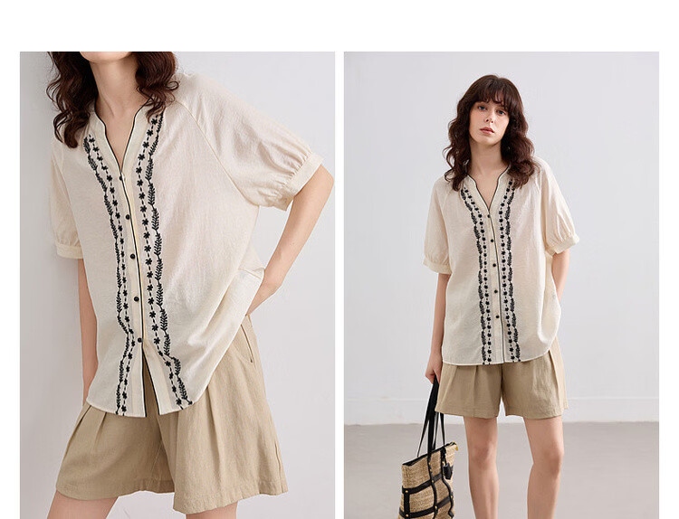 Demana Ethnic Style Color-Block Embroidered Shirt Women Summer New Literary V-Neck Loose Short Sleeve Top 9