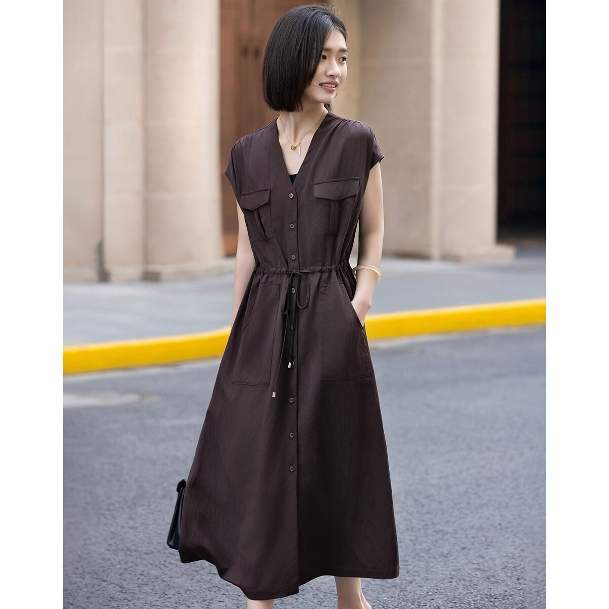 Demana Elegant Aesthetic Summer Urban Style V-Neck Raglan Sleeve Waist-Defining Slimming Concealed Dress for Women High-End Feel