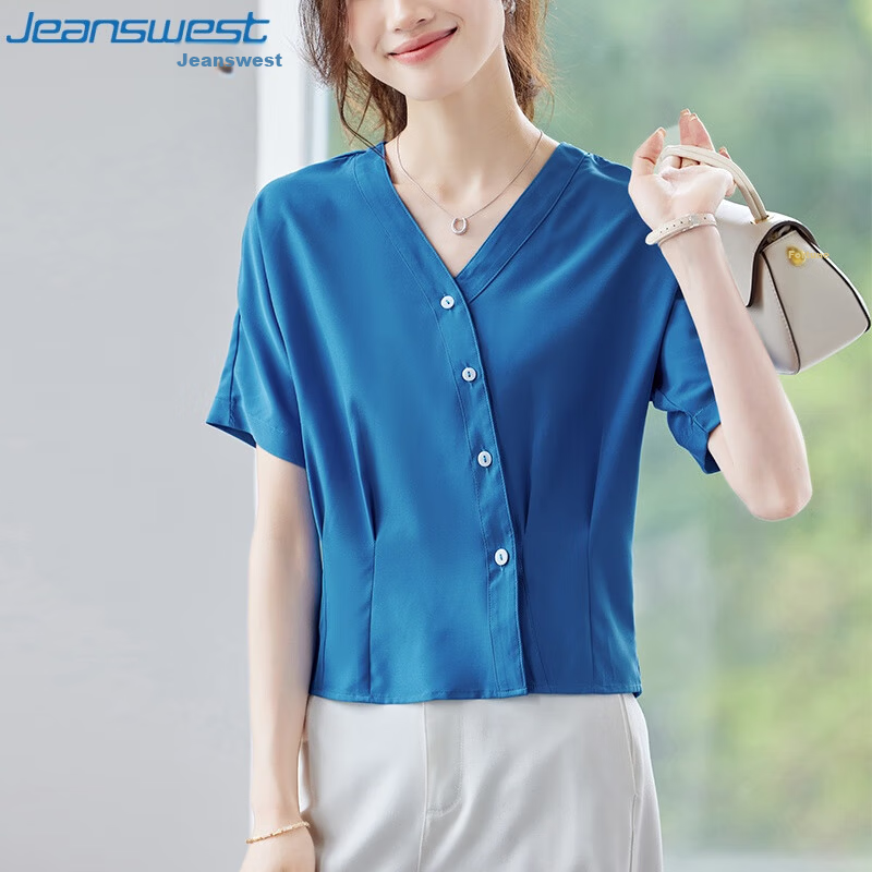 Jeanswest Women's Short Sleeve Shirt 2026 Summer French Style V-Neck Fashion High-End White Top M