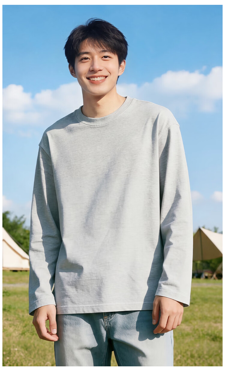 Nanjiren Long Sleeve T-Shirt Men Spring Autumn Basic Solid Color Crew Neck Loose Fit Pure Cotton Top Unisex 8