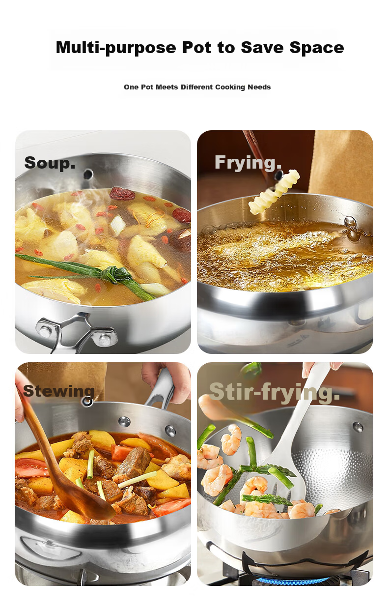 OLOFE 316L Stainless Steel Thickened Large Belly Wok Old Guandong Seventh Generation Mirror Finish No Coating Hammered Small Stir-Fry Pan 24cm 13