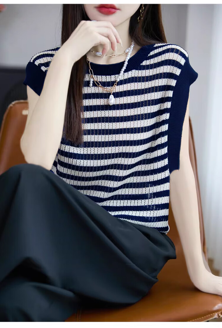 Tingmei Summer Lightweight Ice Silk Knit Vest Women Loose Korean Slim Fit Versatile Sleeveless Striped Fashion Top Innerwear 3
