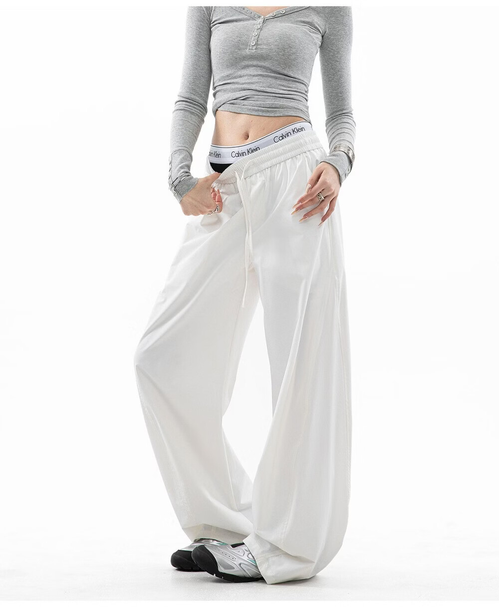 ICH MODE Women's American Style Straight White Pants Summer Loose Popular Cargo Pants Sports Pants Wide Leg Casual Pants Black S 13