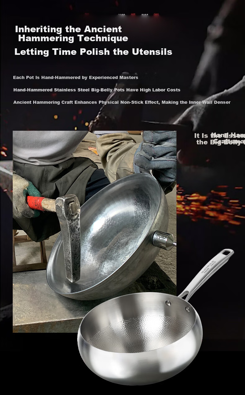 OLOFE 316L Stainless Steel Thickened Large Belly Wok Old Guandong Seventh Generation Mirror Finish No Coating Hammered Small Stir-Fry Pan 24cm 5