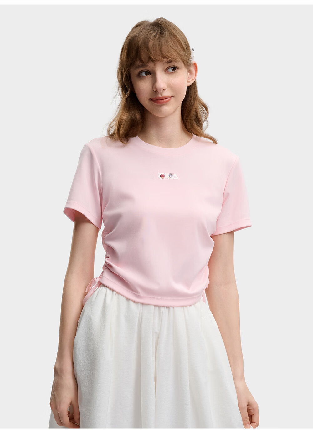 FILA Yang Mi Same Style Knitted Short Sleeve Shirt Women 2026 Summer Side Drawstring Fashion Casual Embroidered Logo Slim T-Shirt 53