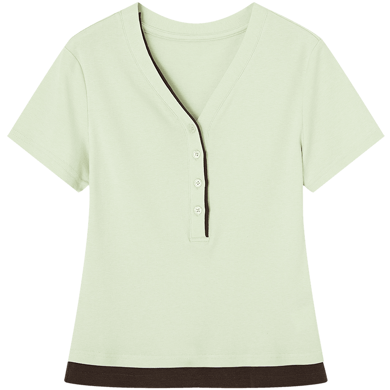 Demana [With Wool and Lyocell] Summer Color-Block Faux Two-Piece V-Neck Button High Elastic Slim Fit T-Shirt for Women Premium Feel