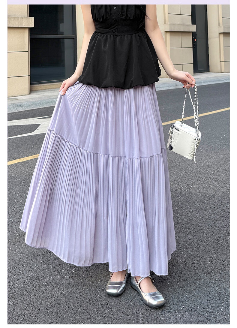 Langsha Pleated Mesh Midi Skirt for Women Spring Summer Draped Chiffon Cake Skirt High Waist Slim A-Line Flared Skirt 2