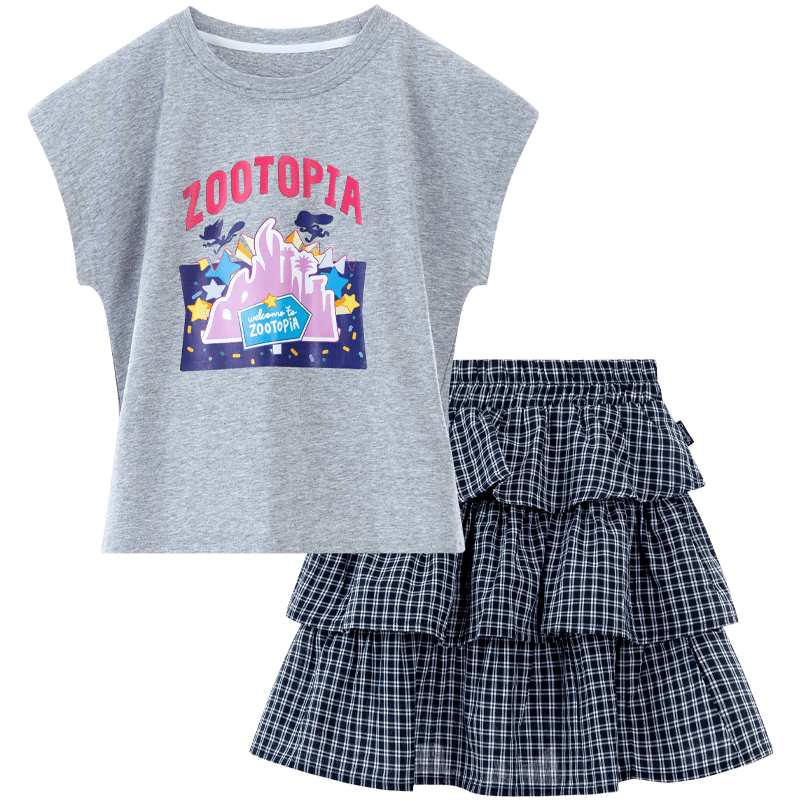 Disney Girls' 2026 Summer New Plaid Short Sleeve Dress Two-Piece Skirt Set for Girls, Size 140
