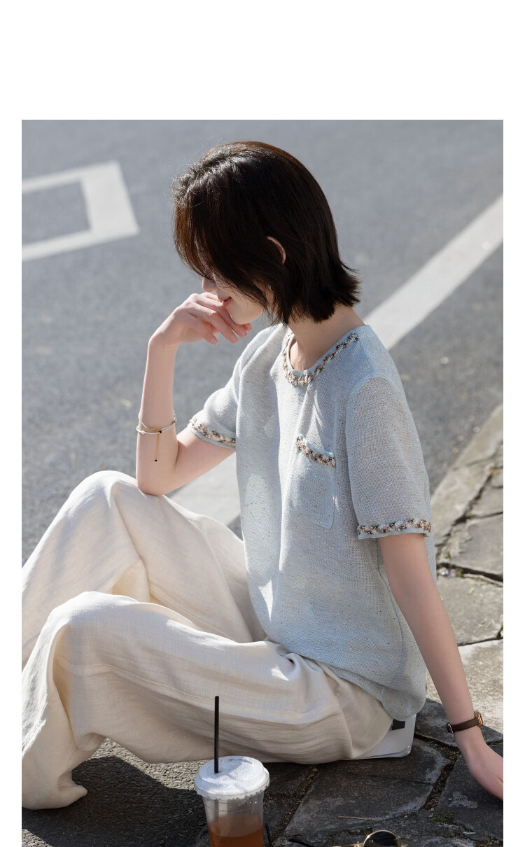 Demana [French Heiress] Summer Little Coco Style Ribbon Round Neck Short Sleeve Loose Slim Fit Petite Shirt for Women High-End Feel 14