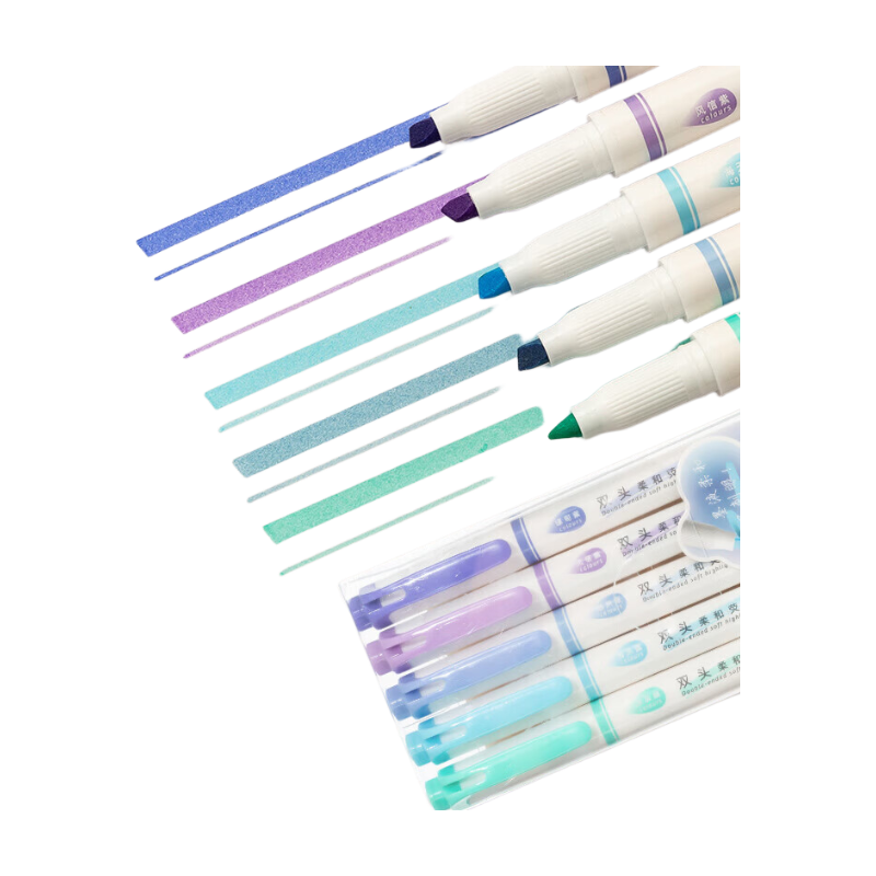 M&G Stationery 5-Color Dual-Tip Highlighters, Thick And Thin Dual-Use Markers, Colorful Highlighting Pens, Premium Deep Blue Series Journal Pens, 5 Pens/Box AHMT6204