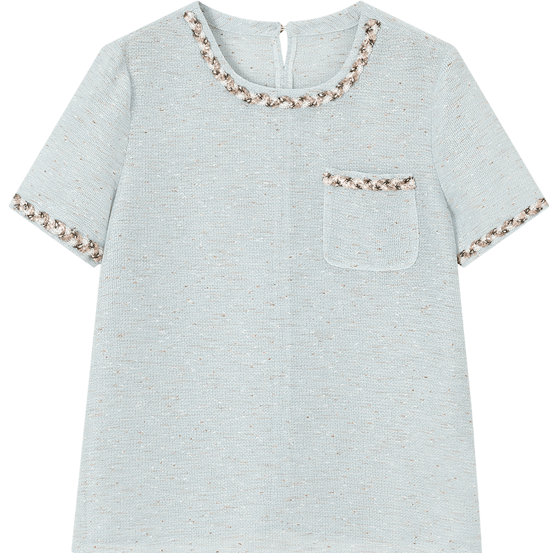 Demana [French Heiress] Summer Little Coco Style Ribbon Round Neck Short Sleeve Loose Slim Fit Petite Shirt for Women High-End Feel