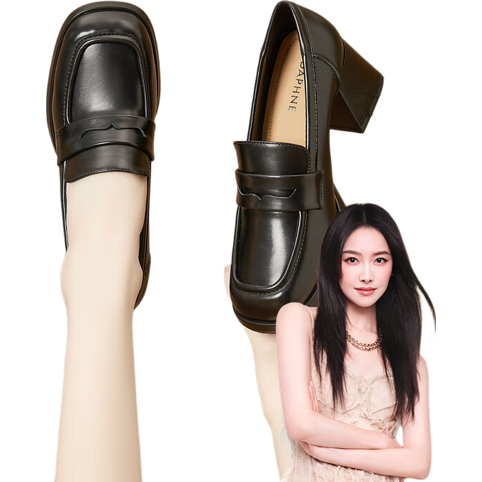 DAPHNE Women's High Heel Loafers Spring Autumn New Retro British Style Professional Work Slip-On Black Size 39