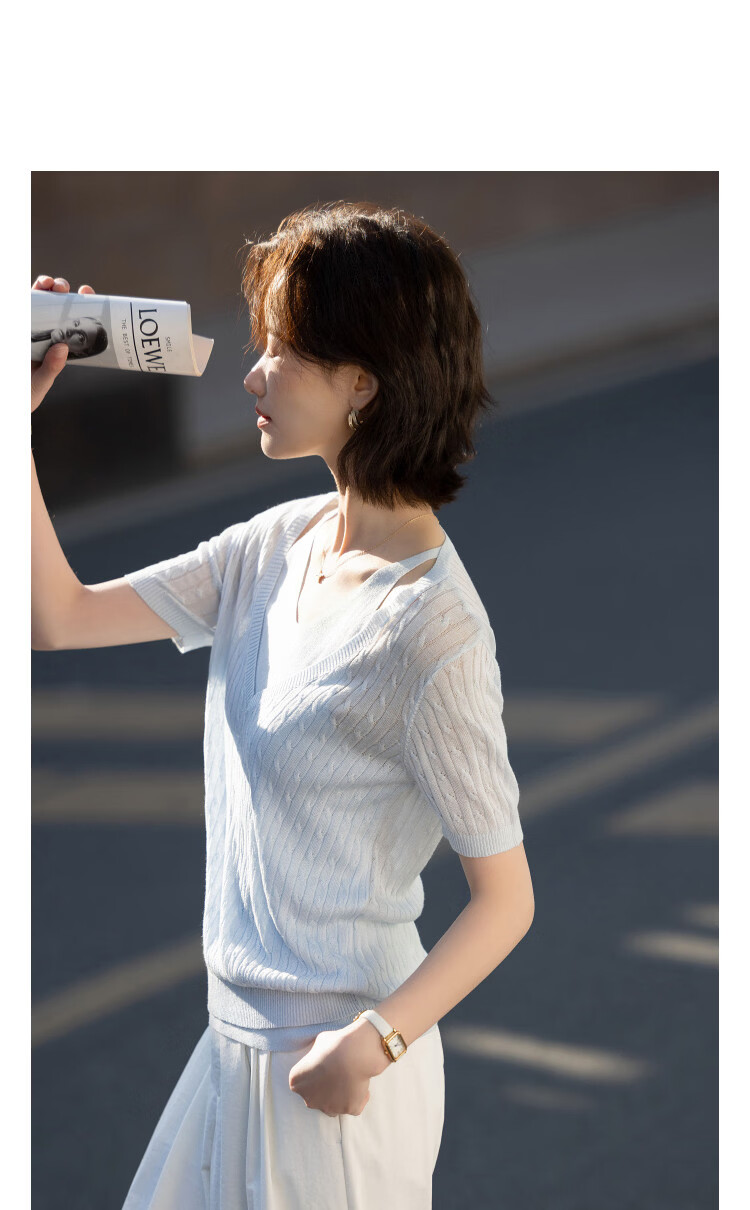 Demana [100 Lyocell] Summer Halter Neck Two-Piece V-Neck Cable Knit Slim Fit Short Sleeve Sweater for Women Premium Quality 12