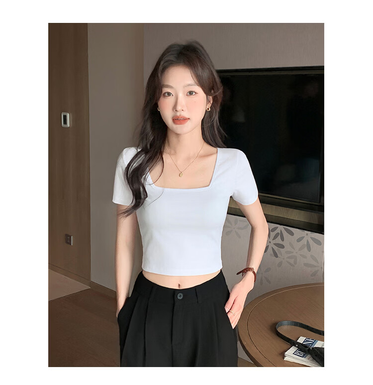Herbal Original Color Short Sleeve T-Shirt Women Pure Cotton Top Base Shirt French Square Neck Straight Shoulder Summer 2026 New Unique Design Niche Loose Fit 8