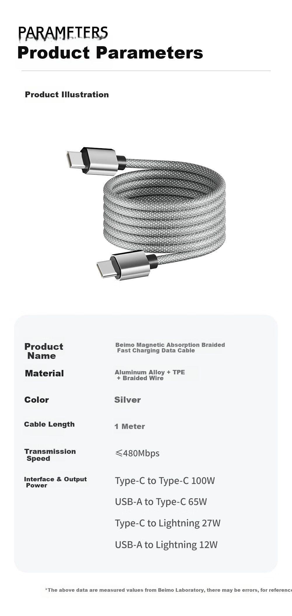 Beimo Magnetic Dual-Head Type-C Data Cable 100W Fast Charging Car-Compatible for iPhone 17 Pro Max, iPad, Huawei Silver 1.5m 7