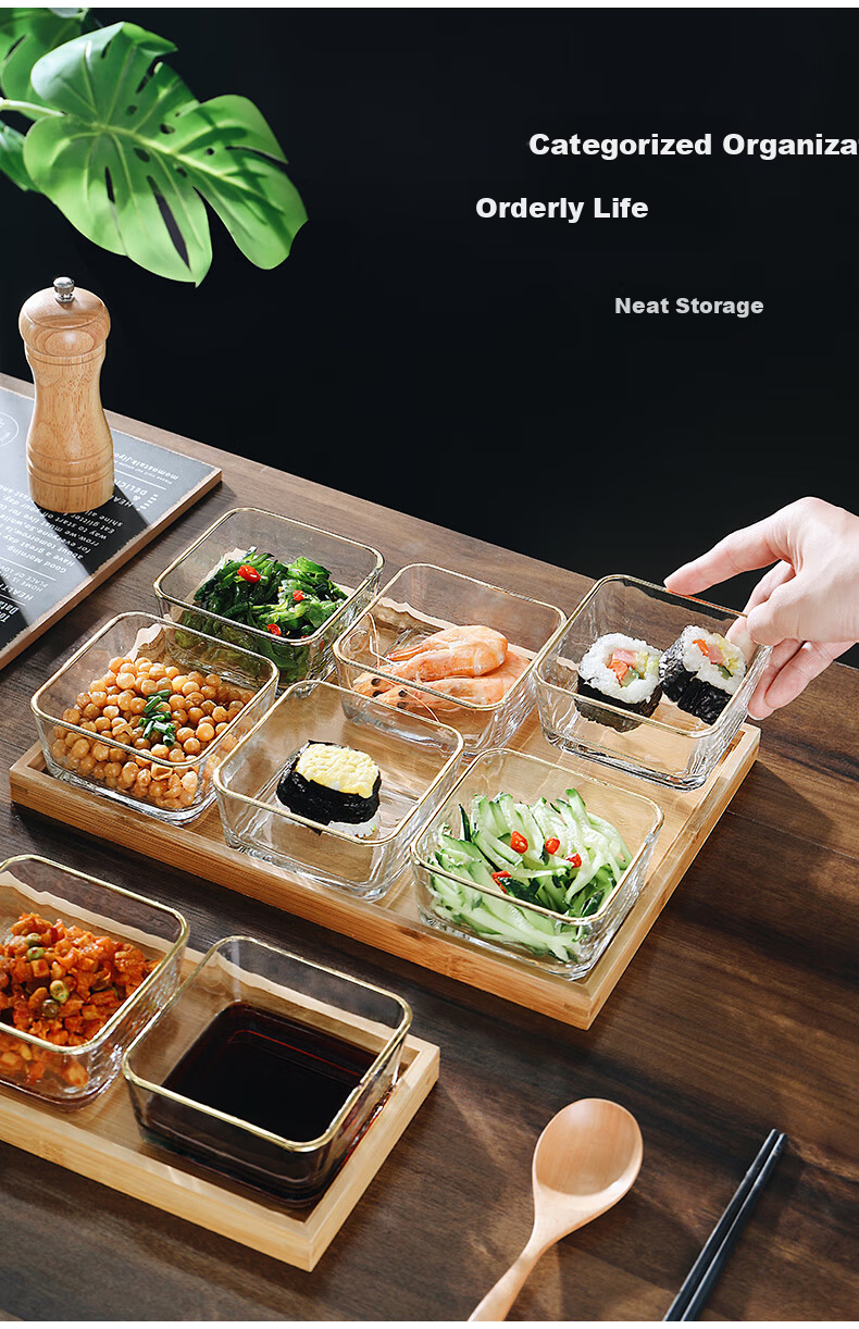 CRISTALGLASS Sectioned Dipping Sauce Dish Snack Platter Home Use Dish Hot Pot Sauce Dish Seasoning Dish Oil and Vinegar Dish with Tray Gold Rim Glass Bowls 6pcs + Six-Compartment Bamboo Tray 5