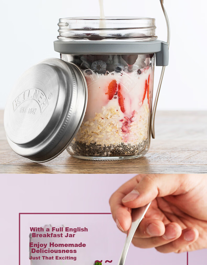 Kilner Overnight Oats Jar Glass Breakfast Cup Milk Cup Sealed Portable Food Grade with Measuring Lid and Spoon 350ml 4