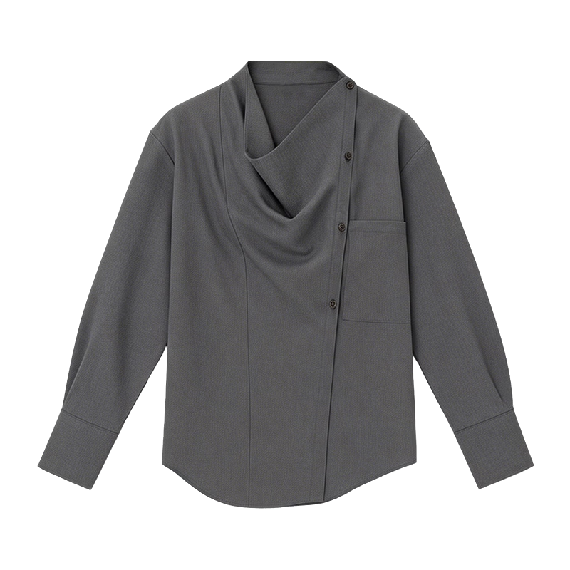 Demana French Art Spring Lazy Style Asymmetric Lapel Large Pocket Loose Slim Draped Shirt for Women Premium Feel